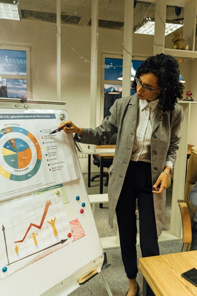Professional woman presenting data on flip chart in modern office environment.